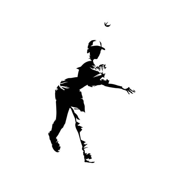 ilustraciones, imágenes clip art, dibujos animados e iconos de stock de jugador de béisbol lanzando pelota, silueta vectorial aislada. dibujo de tinta - baseball baseball player baseballs catching