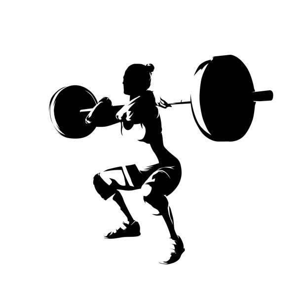 Squats, woman lifts big barbell, isolated vector silhouette. Ink drawing Squats, woman lifts big barbell, isolated vector silhouette. Ink drawing weightlifting stock illustrations