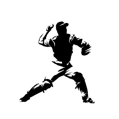 Baseball catcher throwing ball, isolated vector silhouette, ink drawing