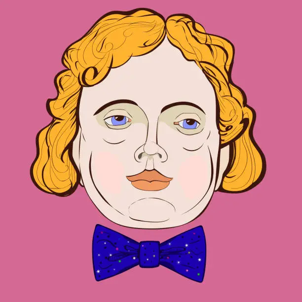 Vector illustration of Vector illustration - portrait of a man with long hair in a bow tie with an uncommunicative character