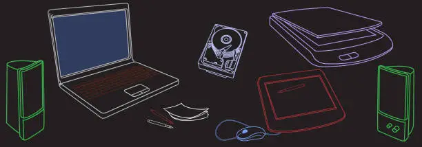 Vector illustration of Background with sketches of computer hardware and accessories
