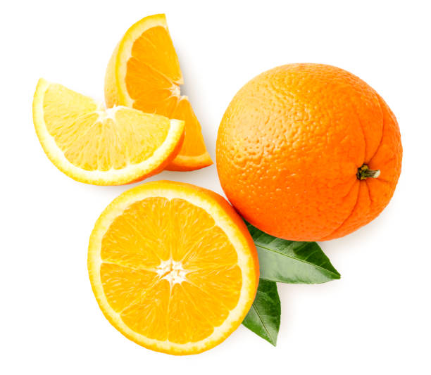 istock Ripe orange with half, slices and leaves on a white background. Isolated 1202736069