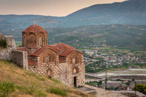 Byzantine church on the hilltop, Berat, Albania stock photo