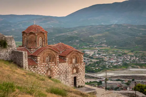Byzantine church on the hilltop overlooking mountains, Berat, Albania