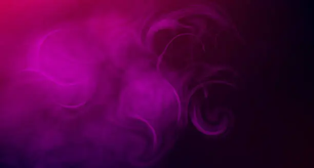 Vector illustration of Realistic purple fog. Copy space. Colored fog. Hookah smoke. Neon color. Vector stock illustration. Purple bursts of light. Blurry shadows and rays of light. Mystic spectacular colored smoke. Abstract colorful background.