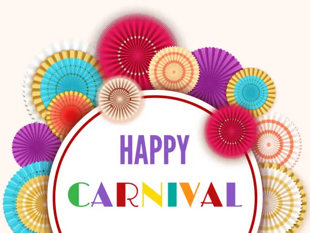 Vector illustration of White banner with words Happy carnival on background of colorful rainbow rays.