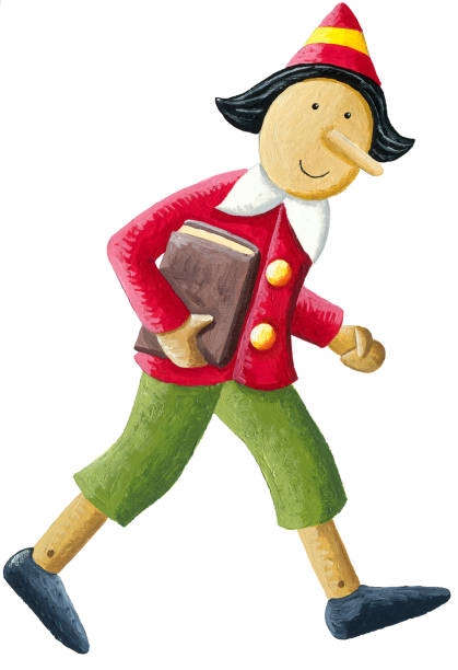 Cute Pinocchio carries a book under his arm and goes to school Acrylic illustration of a cute Pinocchio carries a book under his arm and goes to school pinocchio illustrations stock illustrations