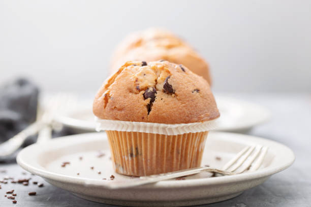 istock muffins with chocolate on white dish on ceramic background 1202739784