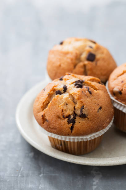 istock muffins with chocolate on white dish on ceramic background 1202739808