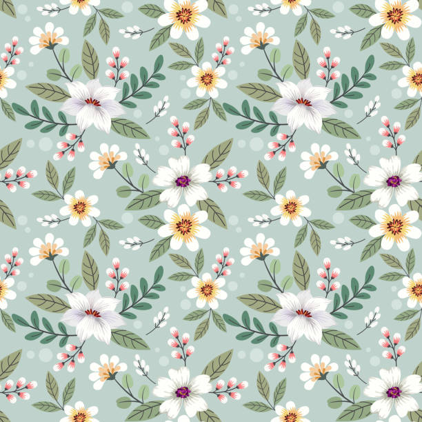 ilustrações, clipart, desenhos animados e ícones de flores coloridas desenhadas à mão perfeitamente design de vetor padrão. - pattern blossom seamless old fashioned