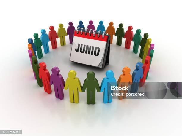 Pictogram People With Junio Calendar Spanish Word 3d Rendering Stock Photo - Download Image Now