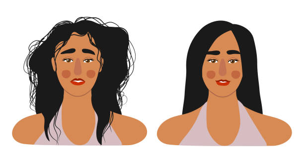 лица девушек с длинными волосами, с лохматыми и расчесанными. изолированные на белой плоской иллюстрации вектора. - untidy hair stock illustrations