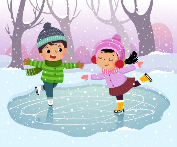Vector illustration cartoon of cute boy and girl kids ice skating in winter snowy landscape. vector art illustration