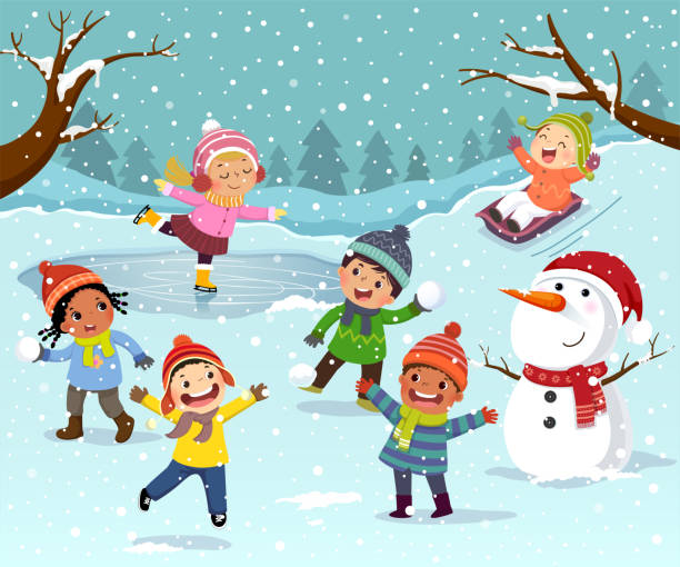 子供と雪だるまと冬の屋外アクティビティ。冬は屋外で雪玉、そり、アイススケートをする子供たち。 - snowball点のイラスト素材／クリップアート素材／マンガ素材／アイコン素材