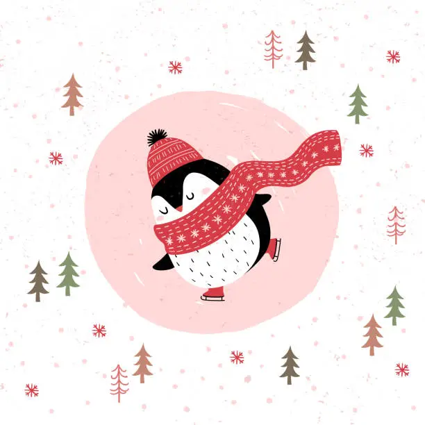 Vector illustration of Merry Christmas Card with penguin ice skating outdoor in winter forest.