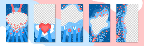 Concept of love. Two blue hands holding a big red heart on a blue background Concept of love. Trendy editable stories template. Design for social media. Valentine day. Love and relationship. Flat design, vector illustration. sharing illustrations stock illustrations