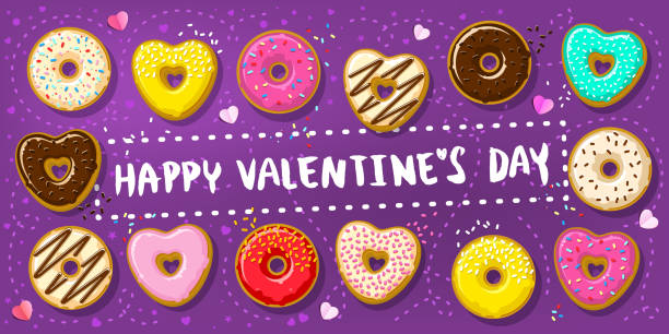 Donuts with Happy Valentine's day note. Different donuts in shape of hearts and circle vector art illustration