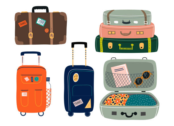 набор изолированных чемоданов с колесами. туристические сумки с различными наклейками. нарисованная вручную векторная иллюстрация в плос� - luggage packing suitcase old stock illustrations