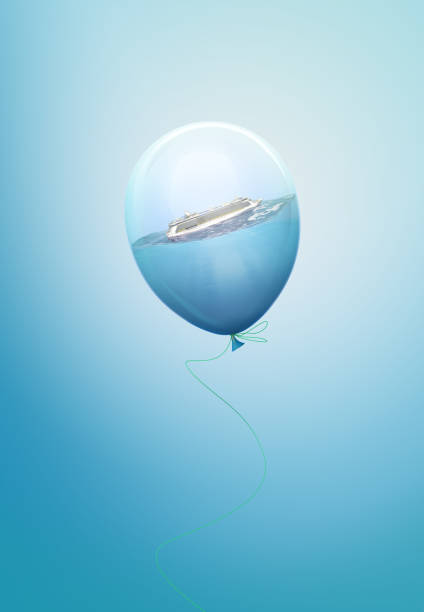istock Minimal balloon concept with sailing ferry on water. 1202748489