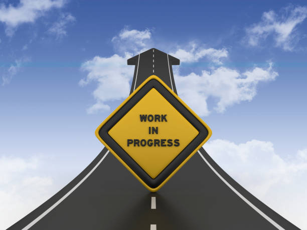進行中の作業道路標識を持つ道路矢印 - 3d レンダリング - progress working incomplete continuity ストックフォトと画像