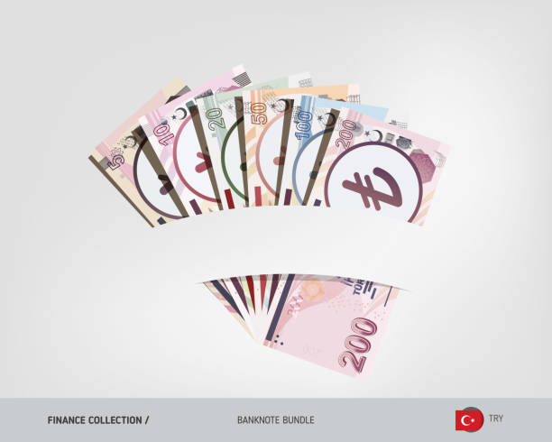 Turkish Lira banknotes set with gold coins. Isolated on background. Cash of different nominal value. Vector illustration on the topic of finance. Banknote Bundle number 10 stock illustrations