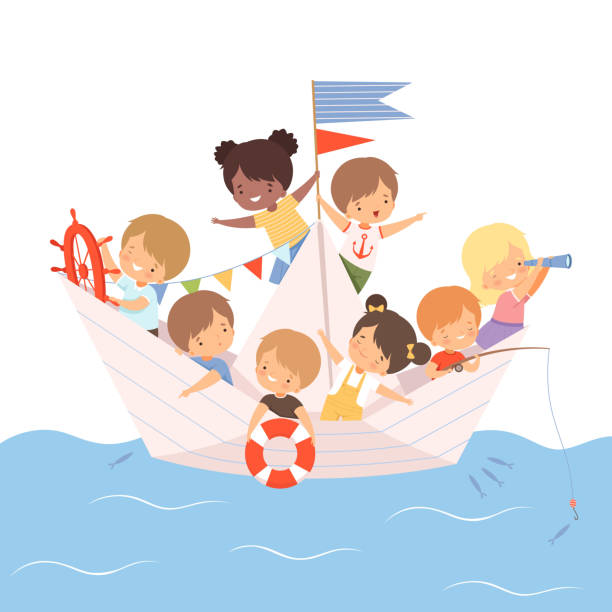 istock Team of Cute Little Kids Sailing on a Paper Boat Vector Illustration 1202752393