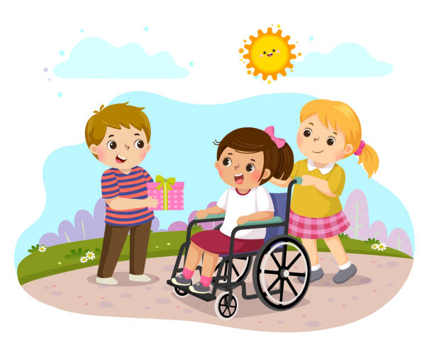 illustrazioni stock, clip art, cartoni animati e icone di tendenza di illustrazione vettoriale di un ragazzo che fa un regalo a una bambina disabile su una sedia a rotelle. - christmas child friendship little boys