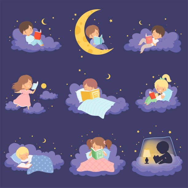 cute blonde little girl siedząc i leżąc na chmurach w nocy i czytanie książek kolekcja wektor ilustracja - child bedtime imagination dark stock illustrations