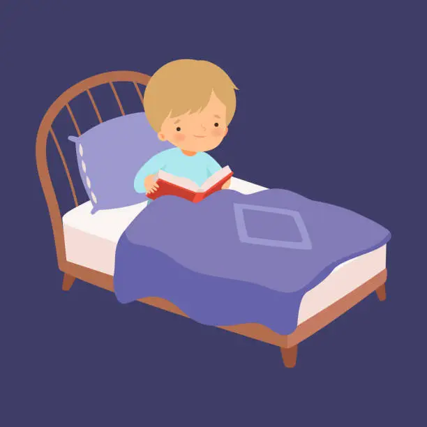 Vector illustration of Cute Boy Reading a Bedtime Story in the Bed at Night Vector Illustration