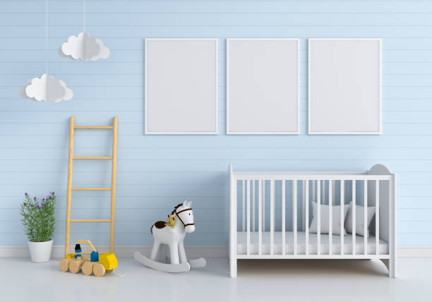 tres marco de fotos en blanco para maqueta en la habitación de los niños - bebé fotos fotografías e imágenes de stock
