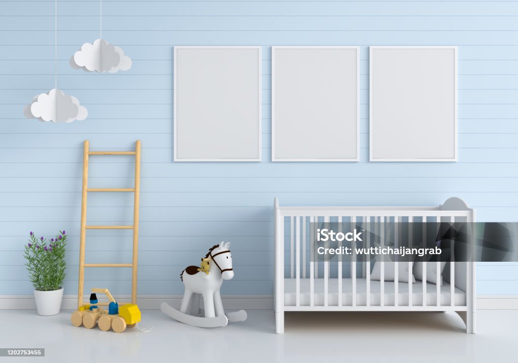 Three blank photo frame for mockup in child room Three blank photo frame for mockup in child room, 3D rendering Baby - Human Age Stock Photo