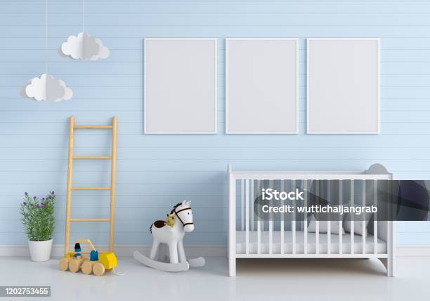 Three Blank Photo Frame For Mockup In Child Room Stock Photo - Download Image Now - Baby - Human Age, Child, Domestic Room