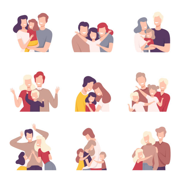 ilustraciones, imágenes clip art, dibujos animados e iconos de stock de familia feliz amor. padres sonrientes y sus hijos abrazando entre sí ilustraciones vectoriales conjunto - familia feliz