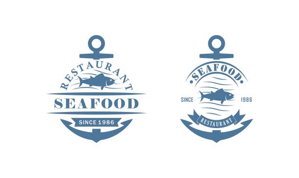 Vector illustration of an anchor, fish, waves and text on a white background. Set of color seafood restaurant logos. Color illustration advertising a restaurant and seafood commercial tuna fishing stock illustrations