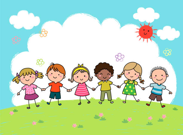 ilustrações de stock, clip art, desenhos animados e ícones de hand drawn cartoon kids holding hands together outdoor - kindergarden