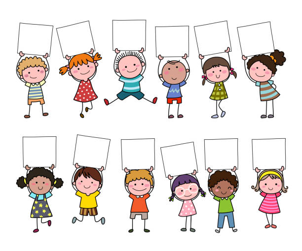 �빈 표지판을 들고 손으로 그린 만화 아이들의 집합입니다. - paper education preschool blank stock illustrations