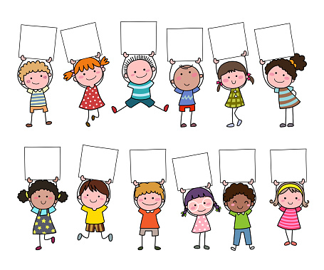 Set Of Hand Drawn Cartoon Kids Holding Blank Sign Stock Illustration -  Download Image Now - Child, Holding, Sign - iStock