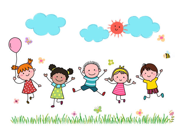 illustrazioni stock, clip art, cartoni animati e icone di tendenza di ragazzini dei cartoni animati disegnati a mano che saltano insieme all'aperto. - kids