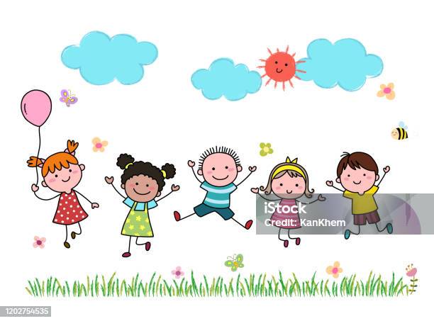 Hand Drawn Cartoon Kids Jumping Together Outdoor - Arte vetorial de stock e mais imagens de Criança - Criança, Brincalhão, Desenhar