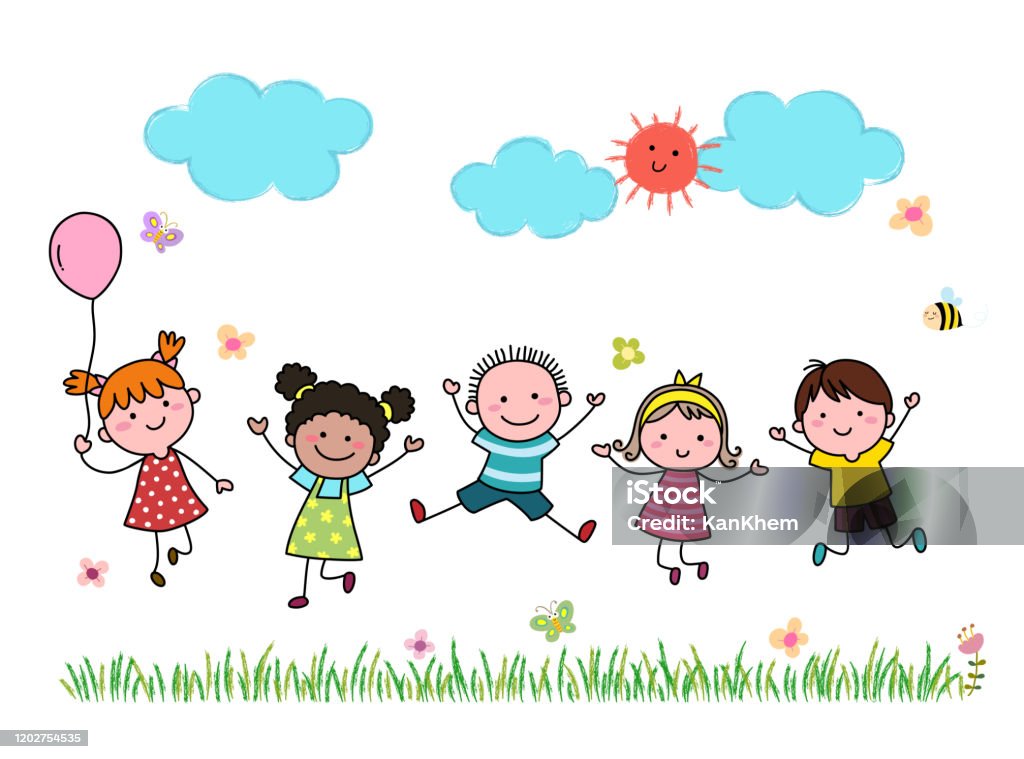 Hand drawn cartoon kids jumping together outdoor. Child stock vector