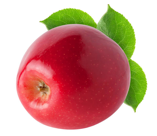 istock Isolated beautiful apple. Whole single red, pink apple fruit with leaves isolated on white with clipping path 1202757113