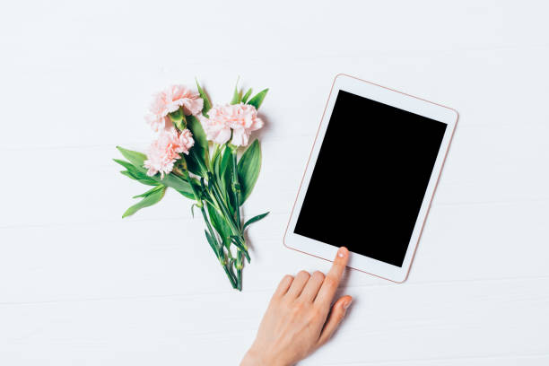 istock Female hand touches blank screen 1202758870