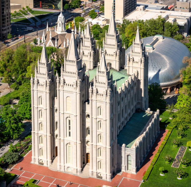 The Salt Lake Temple, photographed from above A high angle view of The Salt Lake Temple, located in central Salt Lake City. The temple is a famous and important location in the history of the Mormon religion. salt lake city mormon temple utah photos stock pictures, royalty-free photos & images