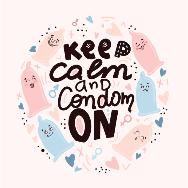 stockillustraties, clipart, cartoons en iconen met condooms met grappige gezichten in kawaii stijl, platte letters met veilige seks slogan. tekst die we redden levens. - condoom