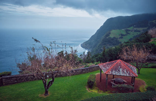Gazebo on a hill overlooking the Atlantic Ocean. Sao Miguel Island, Azores, Portugal.