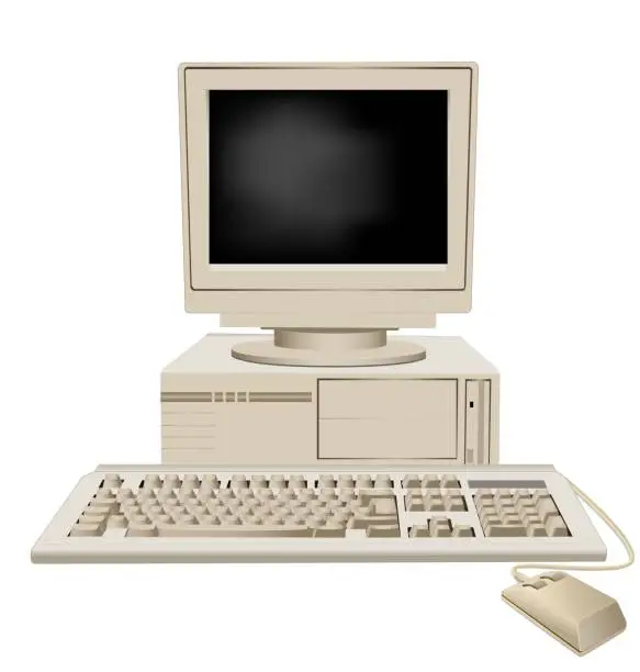 Vector illustration of Retro personal computer with system unit large monitor keyboard and mouse vector graphic illustration