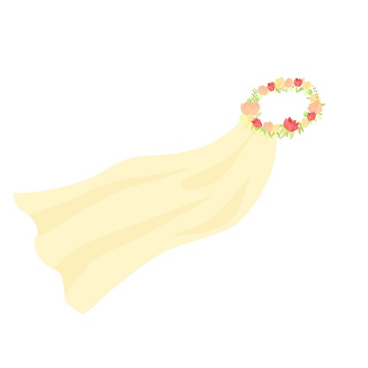 Vector graphic illustration of wedding bridal veil with flower crown wreath. Cartoon marriage traditional accessory bachelorette party concept isolated on white background