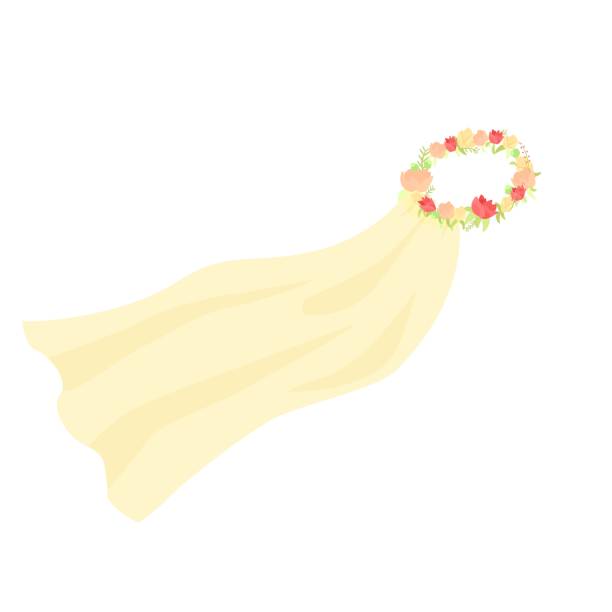 Vector graphic illustration of wedding bridal veil with flower crown wreath Vector graphic illustration of wedding bridal veil with flower crown wreath. Cartoon marriage traditional accessory bachelorette party concept isolated on white background wedding cartoon stock illustrations
