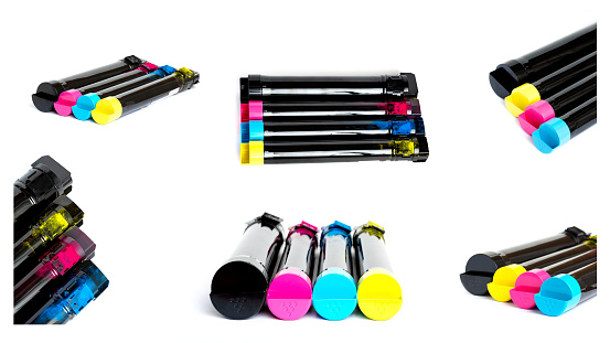 Toner cartridge set for color laser printer. Equipment for printingon white background.