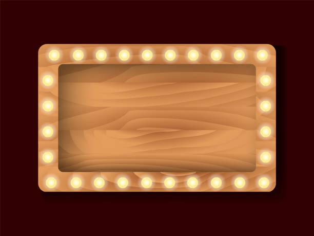 istock Brown wooden board with light bulbs on a wall. Vector stock illustration for card or banner 1202766743
